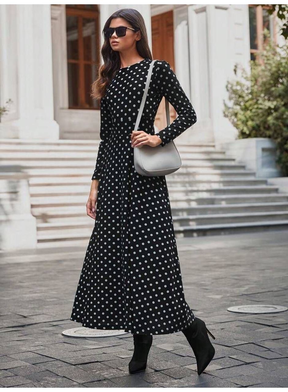 Kadın Krep Kumaş Uzun Kollu Tam Boy Puantiyeli Elbise 132 Cm