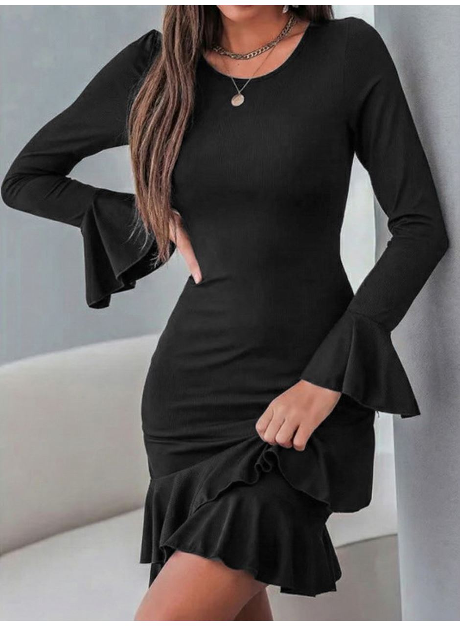 Kadın Uzun Kollu Yuvarlak Yaka Fırfırlı Kol Ucu Volanlı Janjan Krep Mini Elbise