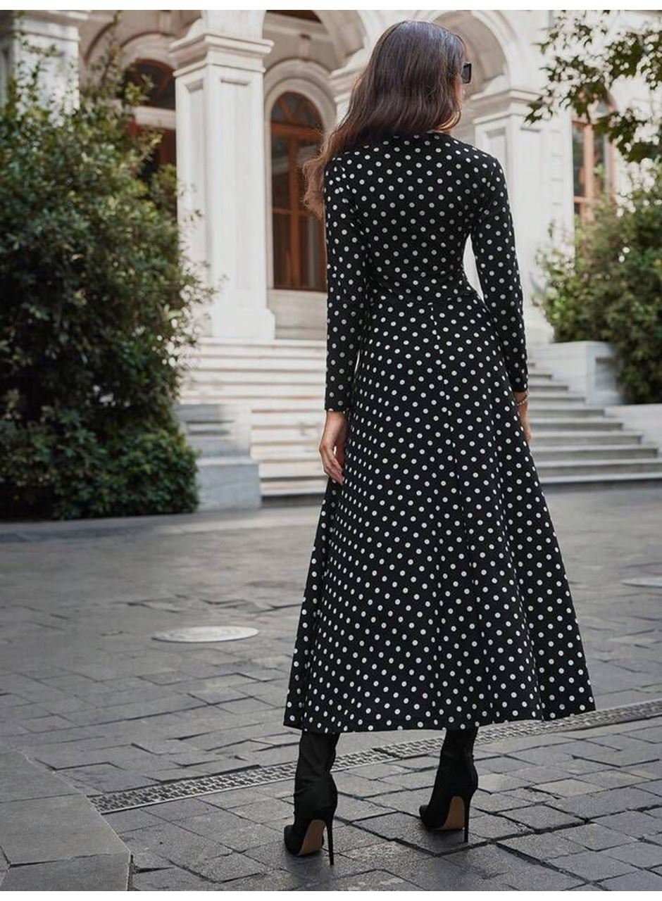 Kadın Krep Kumaş Uzun Kollu Tam Boy Puantiyeli Elbise 132 Cm