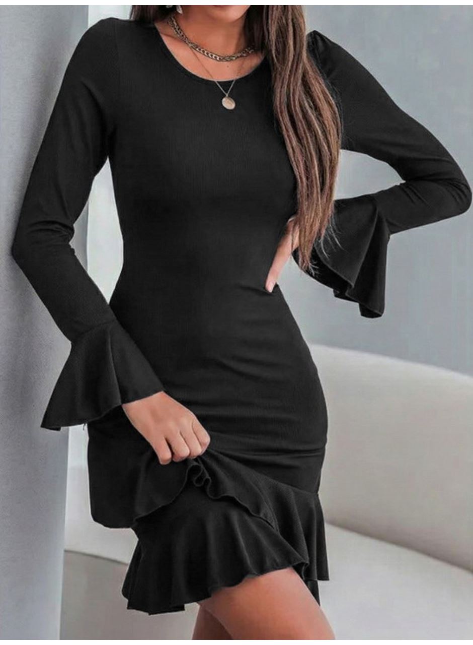 Kadın Uzun Kollu Yuvarlak Yaka Fırfırlı Kol Ucu Volanlı Janjan Krep Mini Elbise