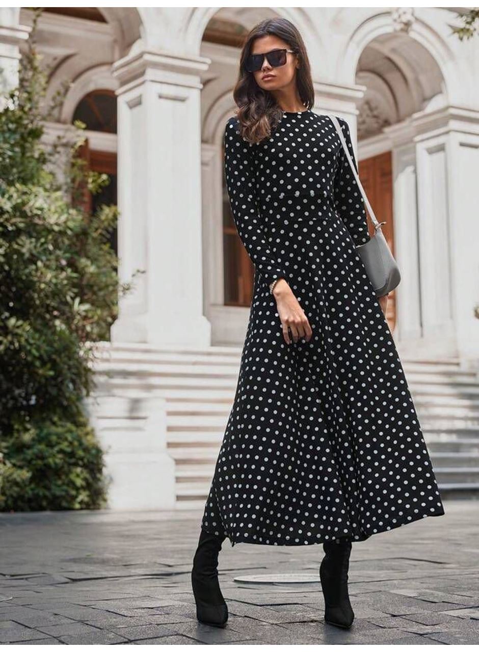 Kadın Krep Kumaş Uzun Kollu Tam Boy Puantiyeli Elbise 132 Cm