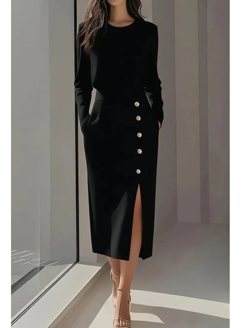 Kadın Uzun Kollu Bisiklet Yakalı Yandan Yırtmaçlı Düğmeli Midi Ithal Krep Elbise