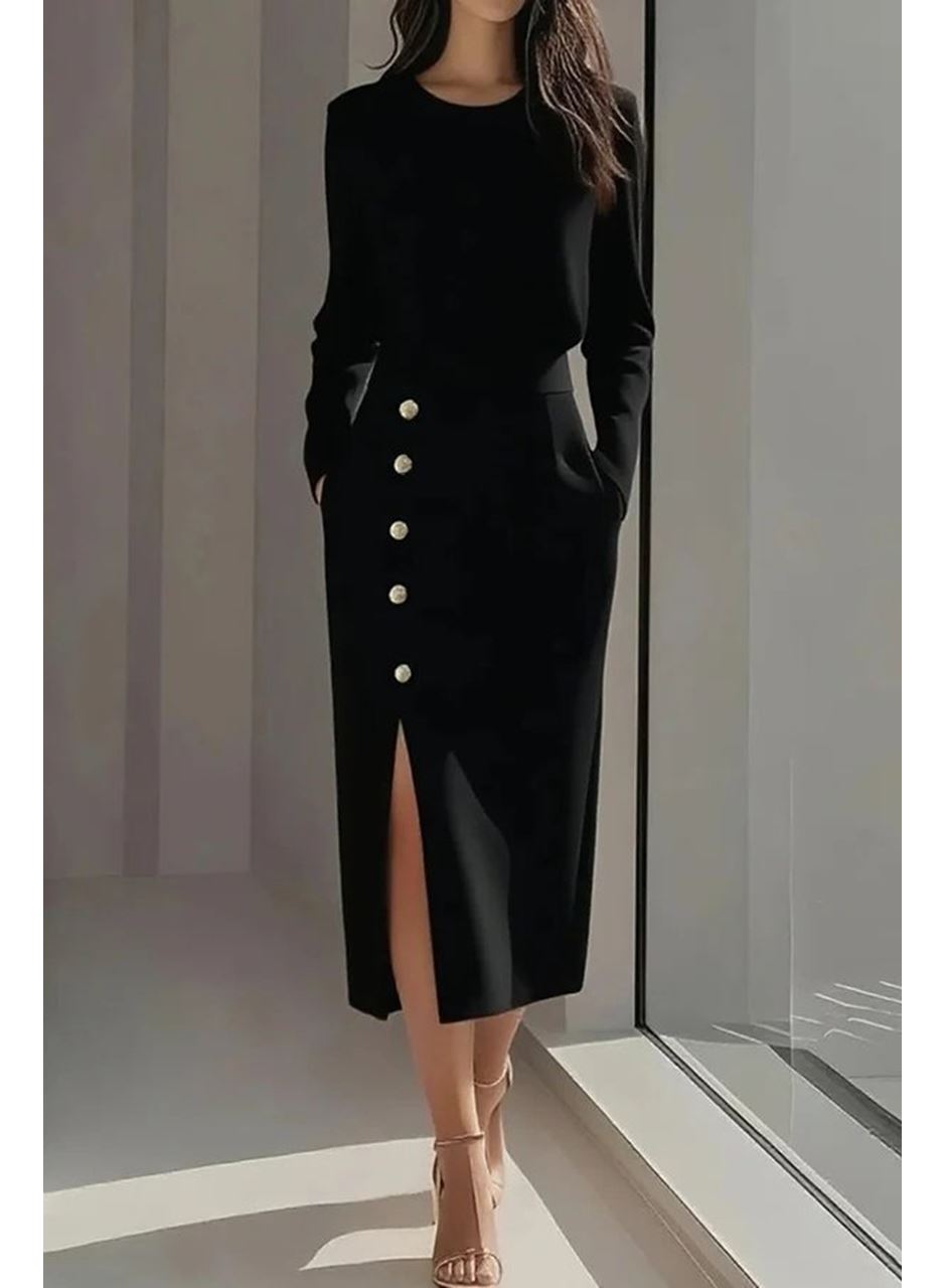 Kadın Uzun Kollu Bisiklet Yakalı Yandan Yırtmaçlı Düğmeli Midi Ithal Krep Elbise