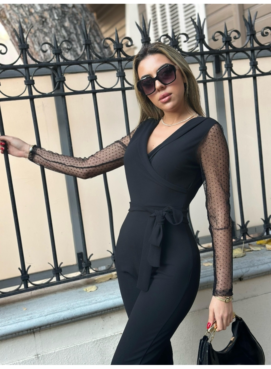 Kadın Uzun Kollu Kruvaze Yakalı Kolları Tül Detay Beli Kuşaklı Ithal Krep Tulum