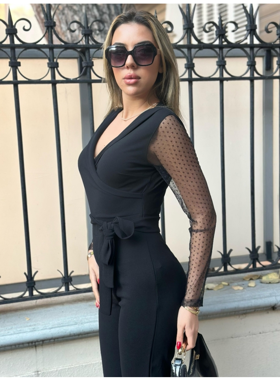 Kadın Uzun Kollu Kruvaze Yakalı Kolları Tül Detay Beli Kuşaklı Ithal Krep Tulum