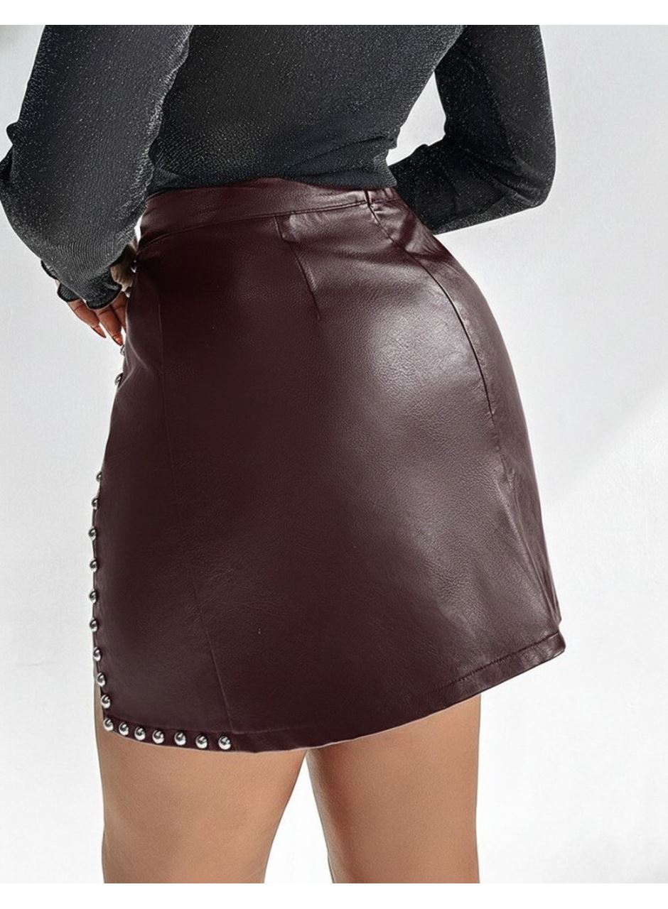Kadın Yüksek Belli Yandan çivili Mini Deri Etek