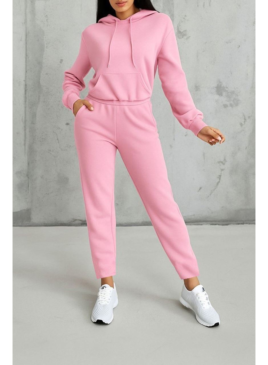 Kadın Uzun Kollu Kapşonlu Bağcıklı üç Iplik Bluz Ve Pantolon Ikili Takım