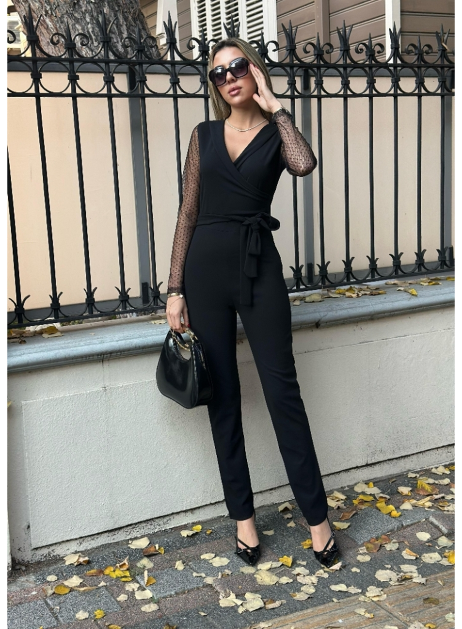 Kadın Uzun Kollu Kruvaze Yakalı Kolları Tül Detay Beli Kuşaklı Ithal Krep Tulum