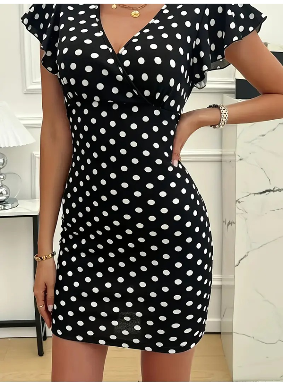 Kadın Kısa Kollu Kruvaze Yakalı örme Puantiyeli Krep Elbise