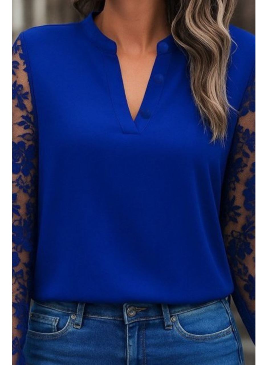 Kadın Uzun Kollu Yaka Düğme Detay Güpürlü Kol Krep Bluz