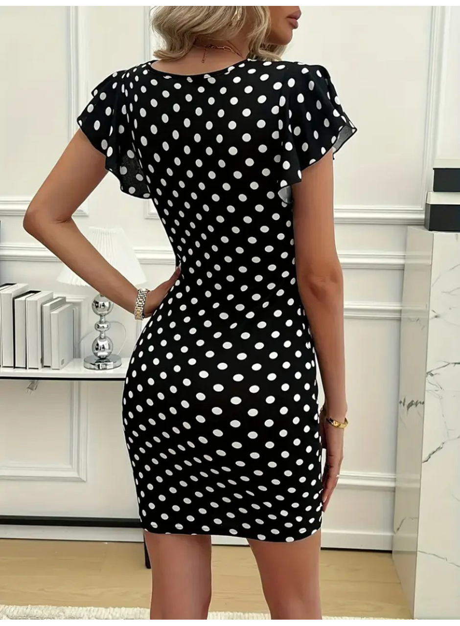 Kadın Kısa Kollu Kruvaze Yakalı örme Puantiyeli Krep Elbise