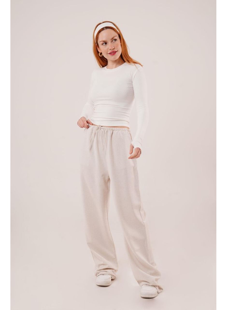Cepli Bağlama Detaylı Keten Ekru Pantolon