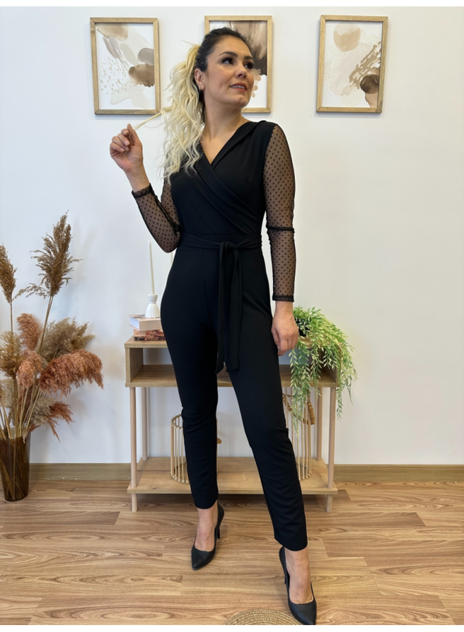 Kadın Uzun Kollu Kruvaze Yakalı Kolları Tül Detay Beli Kuşaklı Ithal Krep Tulum