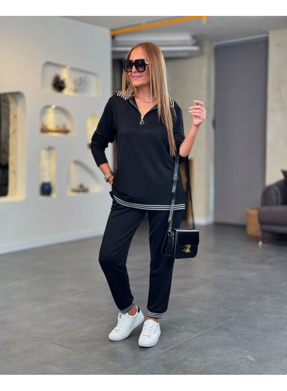 Kadın Uzun Kollu Ribana Ve Fermuar Detay Bluz Ve Yüksel Bel Pantolon 2li Takım