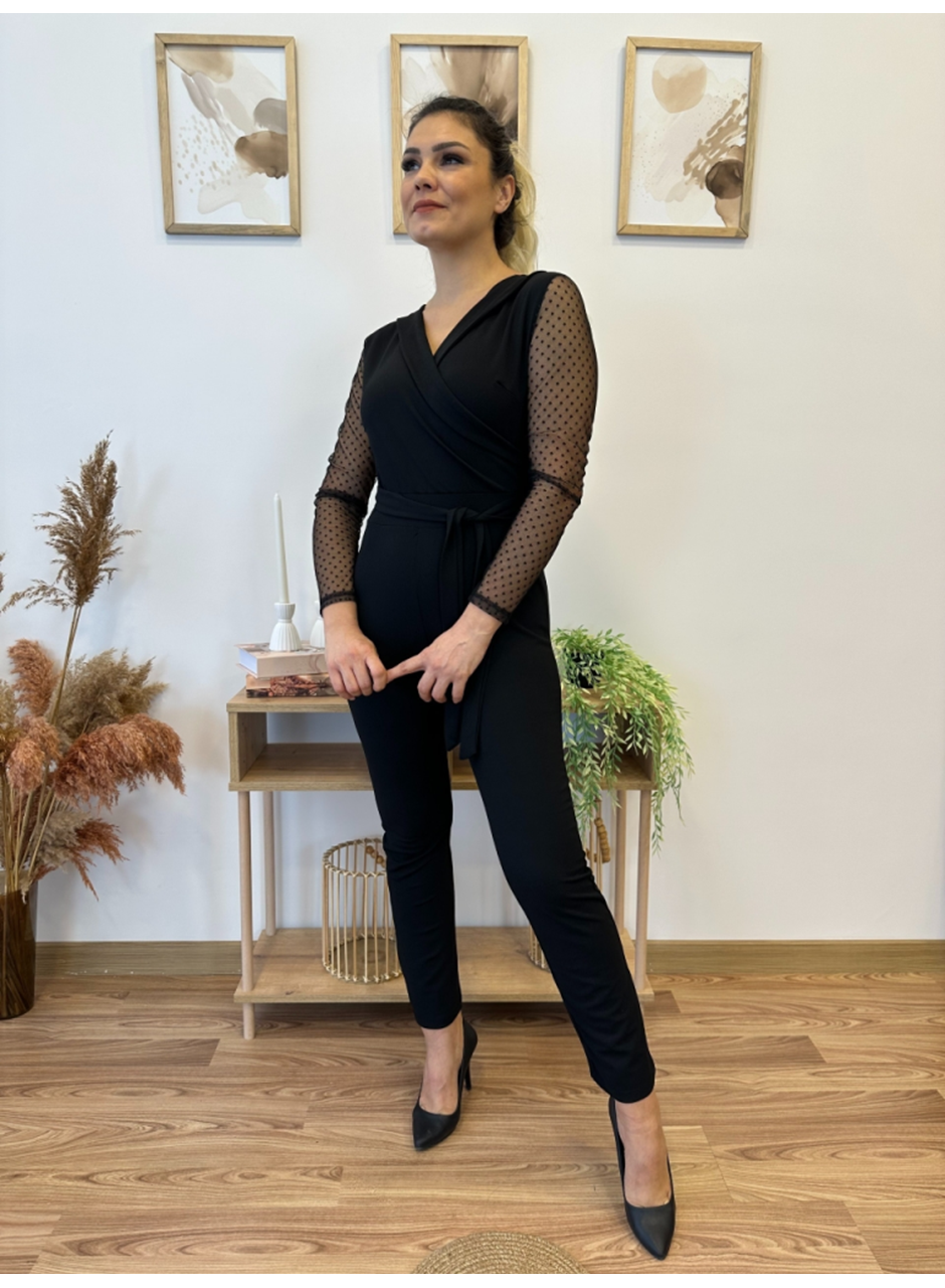 Kadın Uzun Kollu Kruvaze Yakalı Kolları Tül Detay Beli Kuşaklı Ithal Krep Tulum