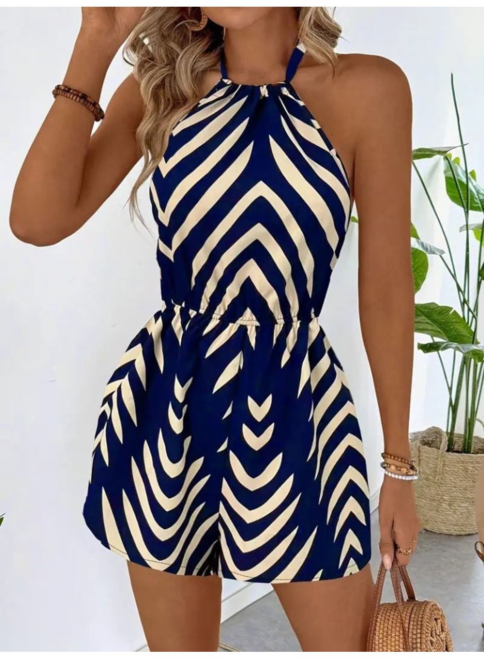 Kadın Boyundan Askılı Halter Yakalı Desenli Süprem Tulum