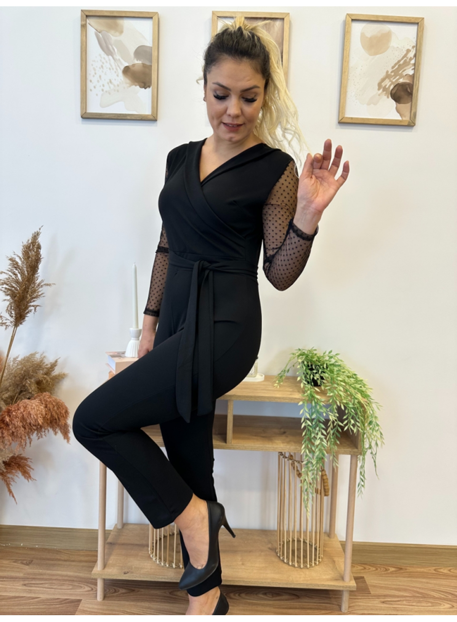 Kadın Uzun Kollu Kruvaze Yakalı Kolları Tül Detay Beli Kuşaklı Ithal Krep Tulum