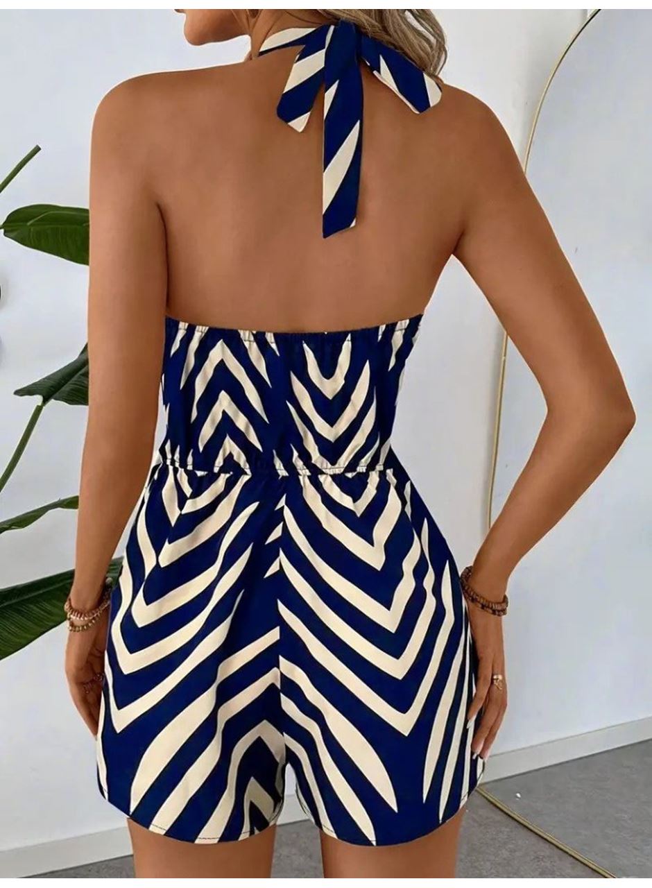 Kadın Boyundan Askılı Halter Yakalı Desenli Süprem Tulum