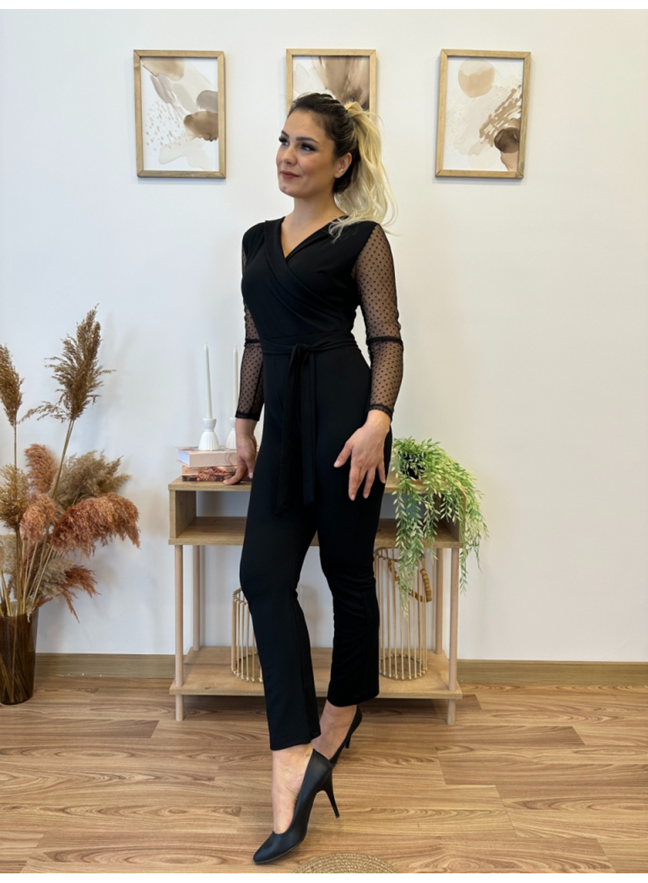 Kadın Uzun Kollu Kruvaze Yakalı Kolları Tül Detay Beli Kuşaklı Ithal Krep Tulum