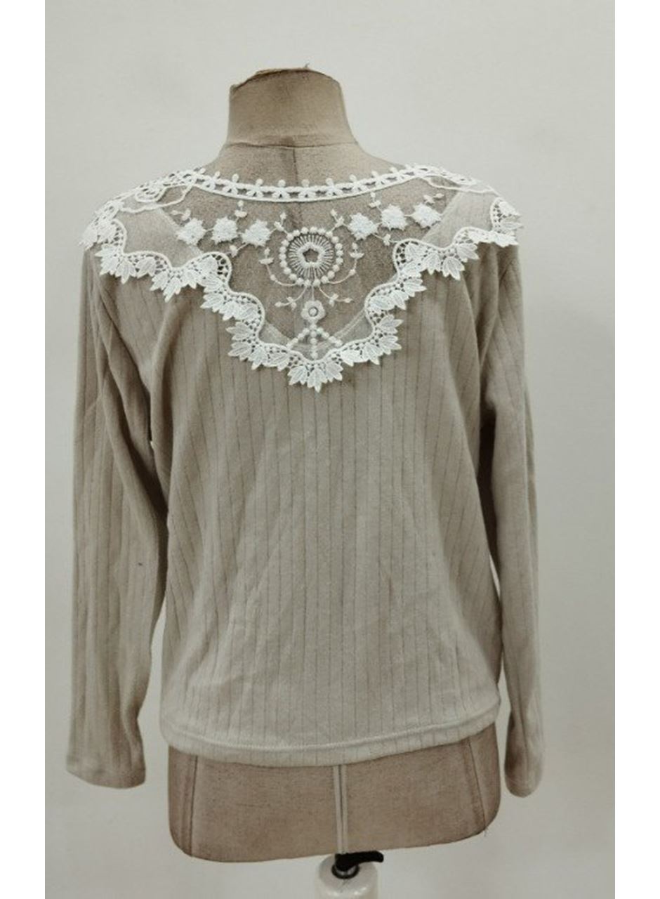 Kadın Uzun Kollu V Yakalı Arkadan Dantel Detaylı şardonlu Kaşkorse Bluz