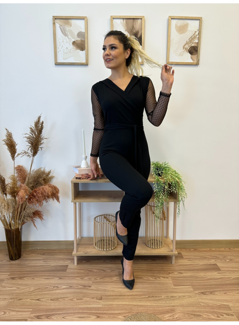 Kadın Uzun Kollu Kruvaze Yakalı Kolları Tül Detay Beli Kuşaklı Ithal Krep Tulum