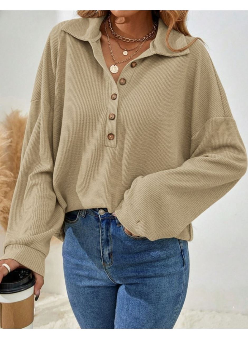 Kadın Uzun Kollu Yakalı Düğmeli Salaş Waffle Bluz