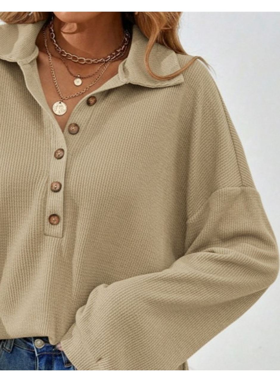 Kadın Uzun Kollu Yakalı Düğmeli Salaş Waffle Bluz