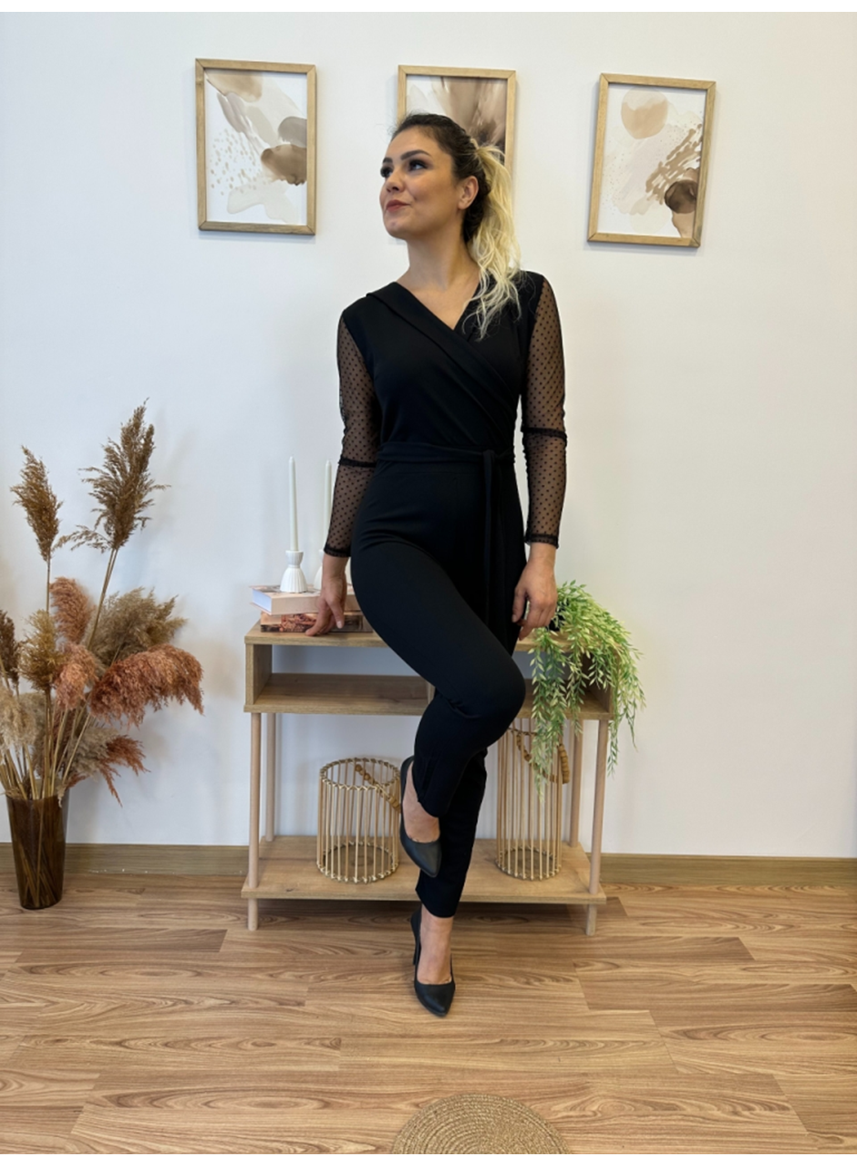 Kadın Uzun Kollu Kruvaze Yakalı Kolları Tül Detay Beli Kuşaklı Ithal Krep Tulum