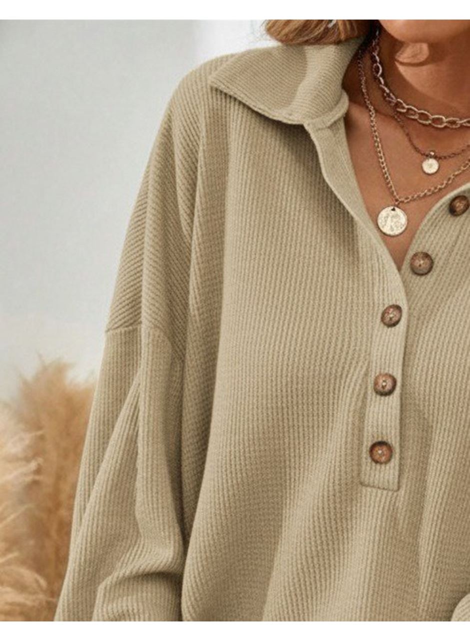 Kadın Uzun Kollu Yakalı Düğmeli Salaş Waffle Bluz