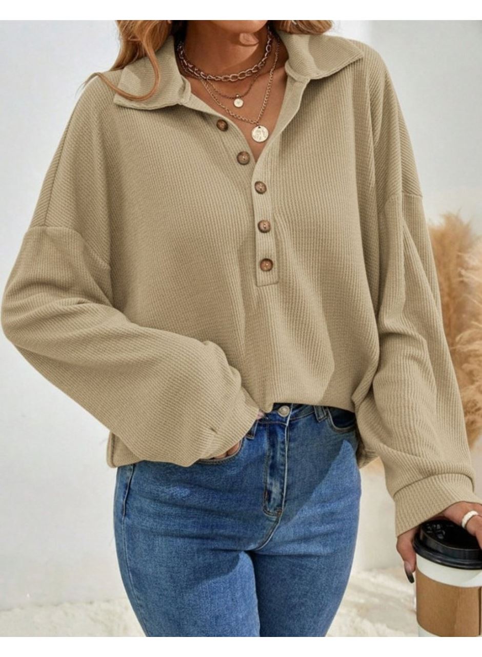 Kadın Uzun Kollu Yakalı Düğmeli Salaş Waffle Bluz