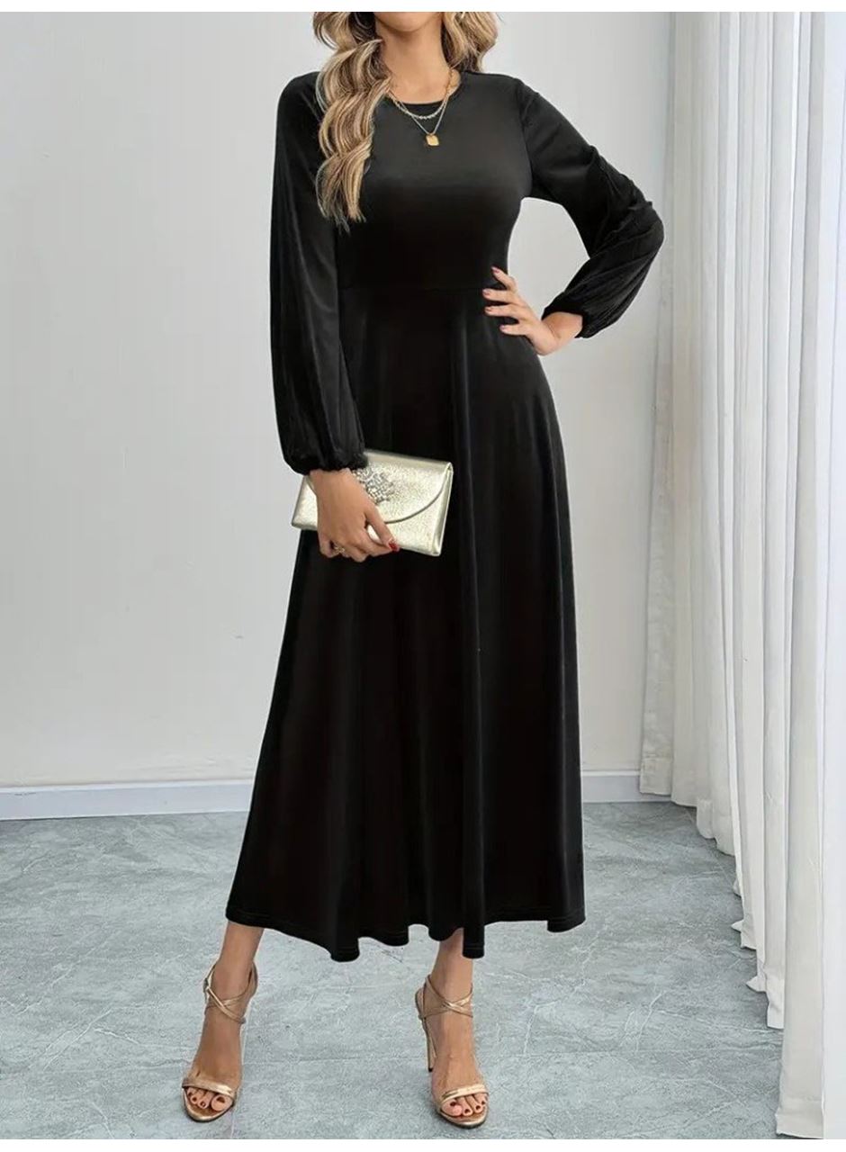 Kadın Uzun Kollu Bisiklet Yaka Midi Kadife Elbise