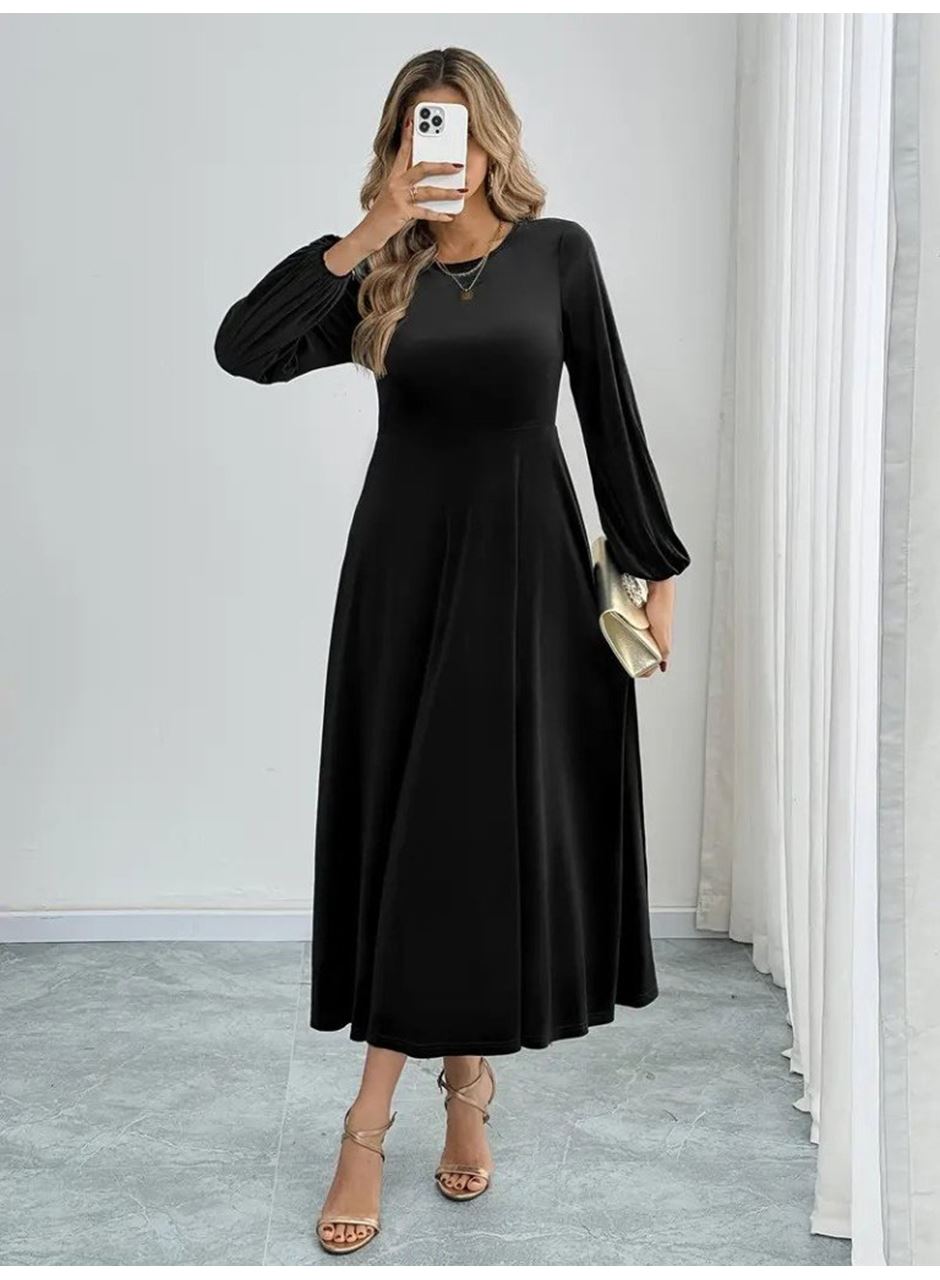 Kadın Uzun Kollu Bisiklet Yaka Midi Kadife Elbise