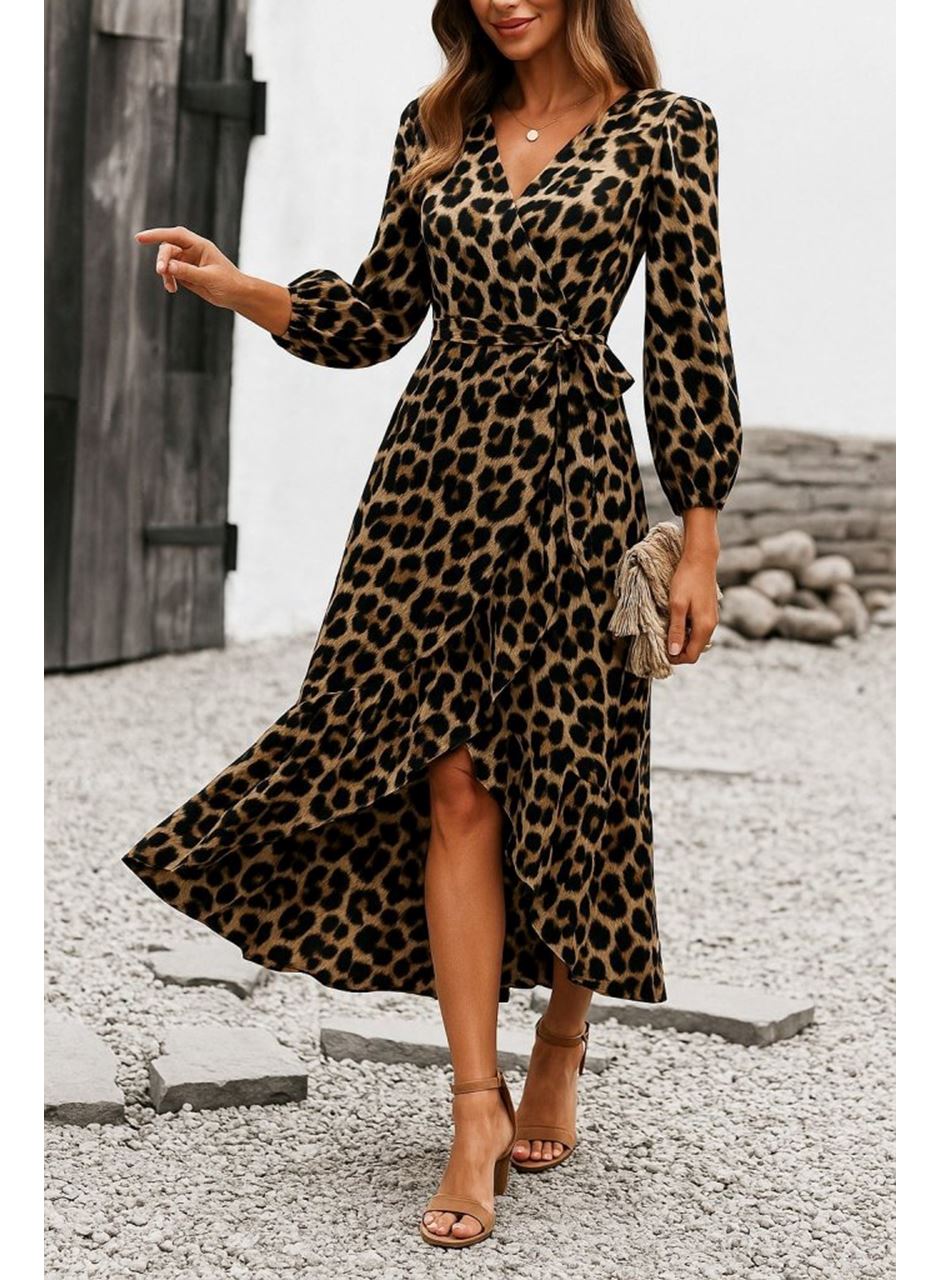 Kadın Uzun Kollu Kruvaze Yaka Yandan Bağlamalı önden Fırfır Detaylı Süprem Uzun Elbise