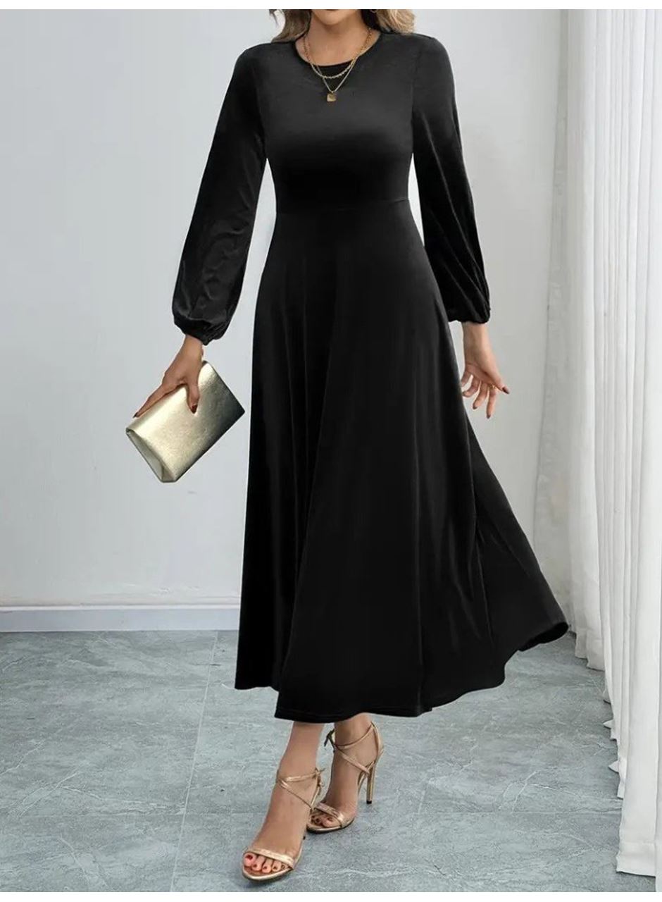 Kadın Uzun Kollu Bisiklet Yaka Midi Kadife Elbise