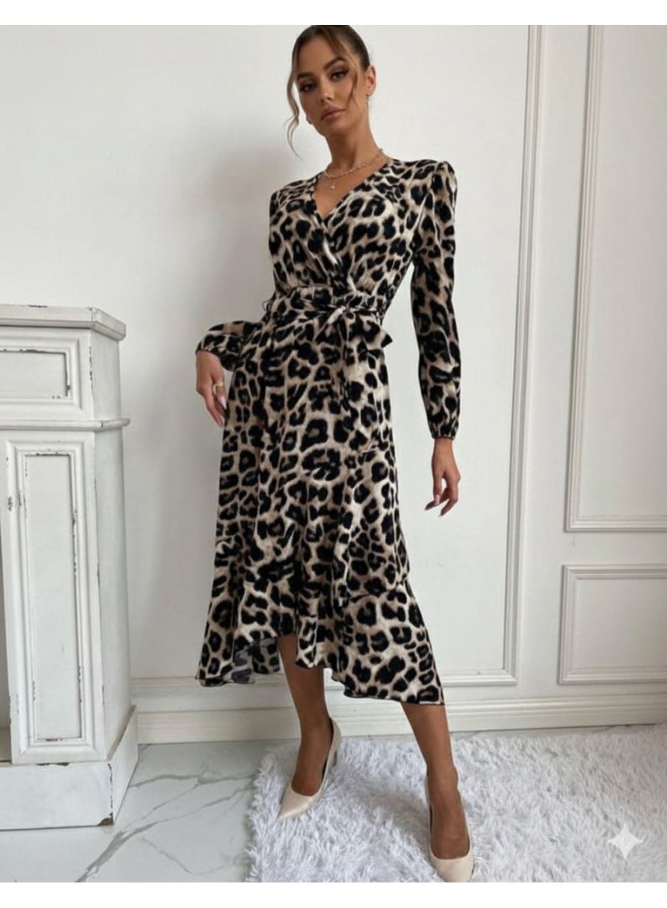 Kadın Uzun Kollu Kruvaze Yaka Yandan Bağlamalı önden Fırfır Detaylı Süprem Uzun Elbise