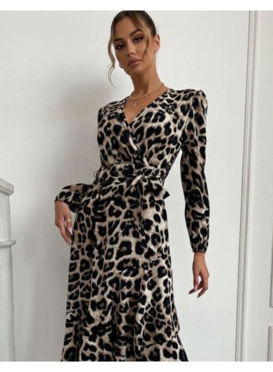 Kadın Uzun Kollu Kruvaze Yaka Yandan Bağlamalı önden Fırfır Detaylı Süprem Uzun Elbise