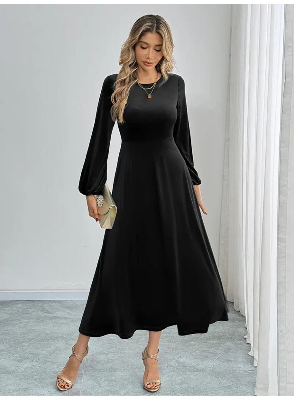 Kadın Uzun Kollu Bisiklet Yaka Midi Kadife Elbise