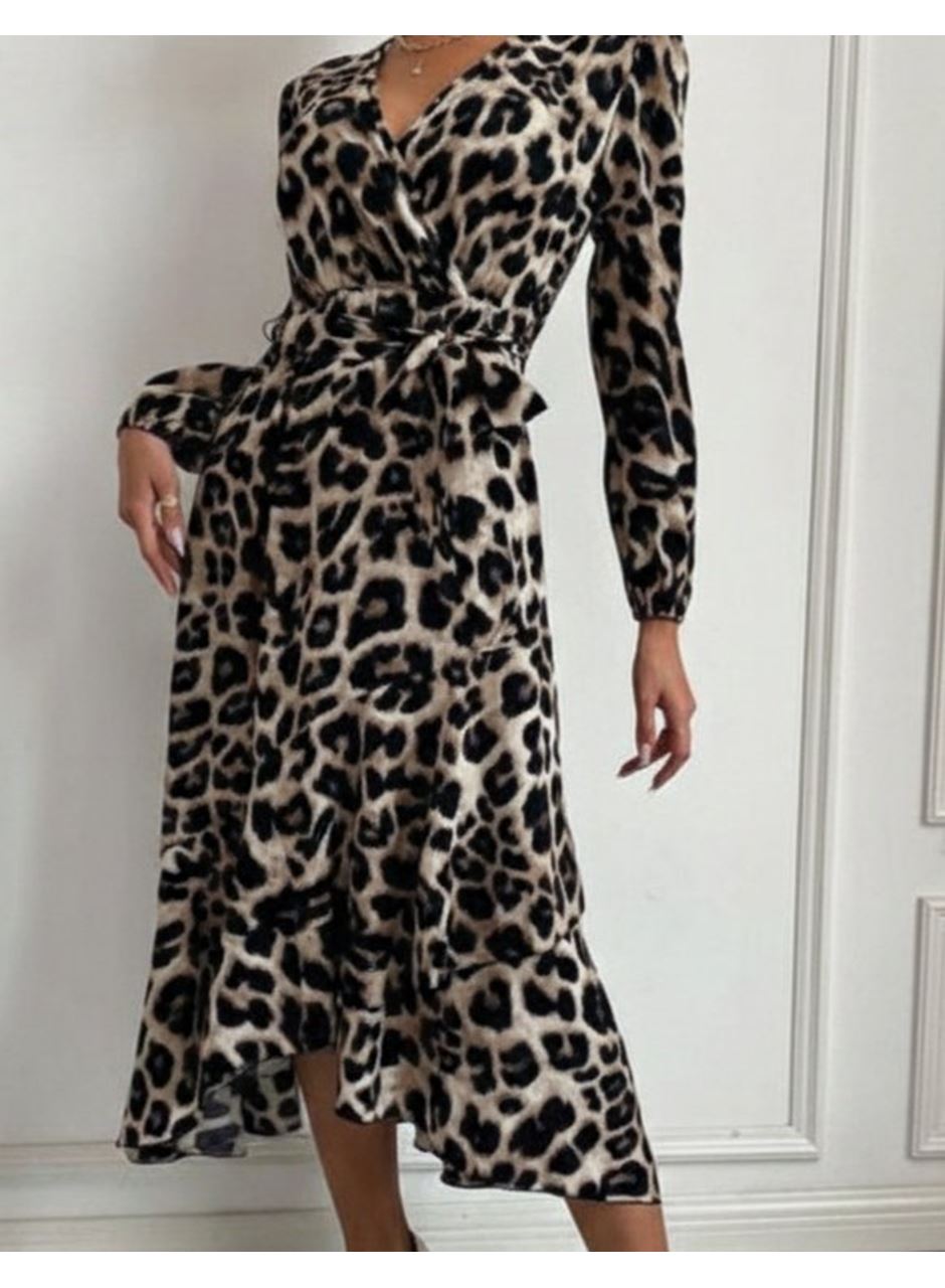 Kadın Uzun Kollu Kruvaze Yaka Yandan Bağlamalı önden Fırfır Detaylı Süprem Uzun Elbise