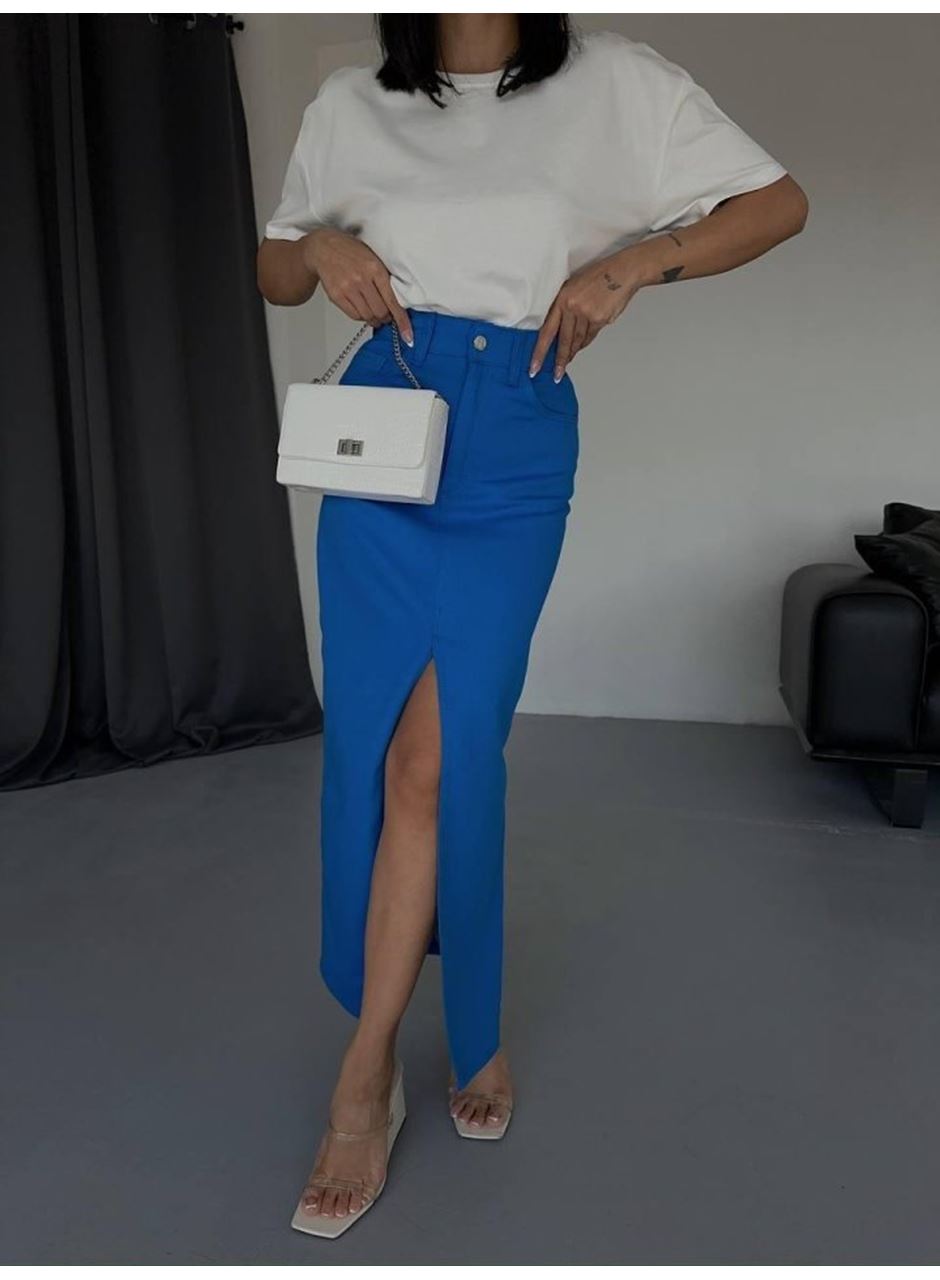 GABARDİN UZUN ÖNDEN YIRTMAÇLI ETEK - Saks