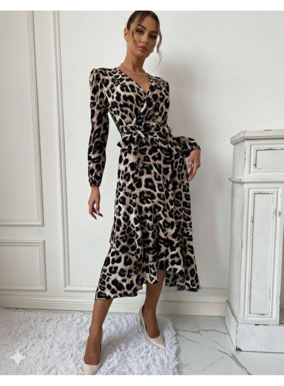 Kadın Uzun Kollu Kruvaze Yaka Yandan Bağlamalı önden Fırfır Detaylı Süprem Uzun Elbise