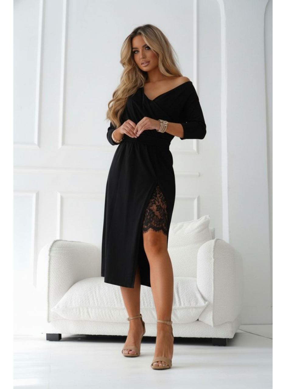 Kadın Uzun Kollu Kruvaze Yakalı Yandan Dantelli Midi Ithal Krep Elbise