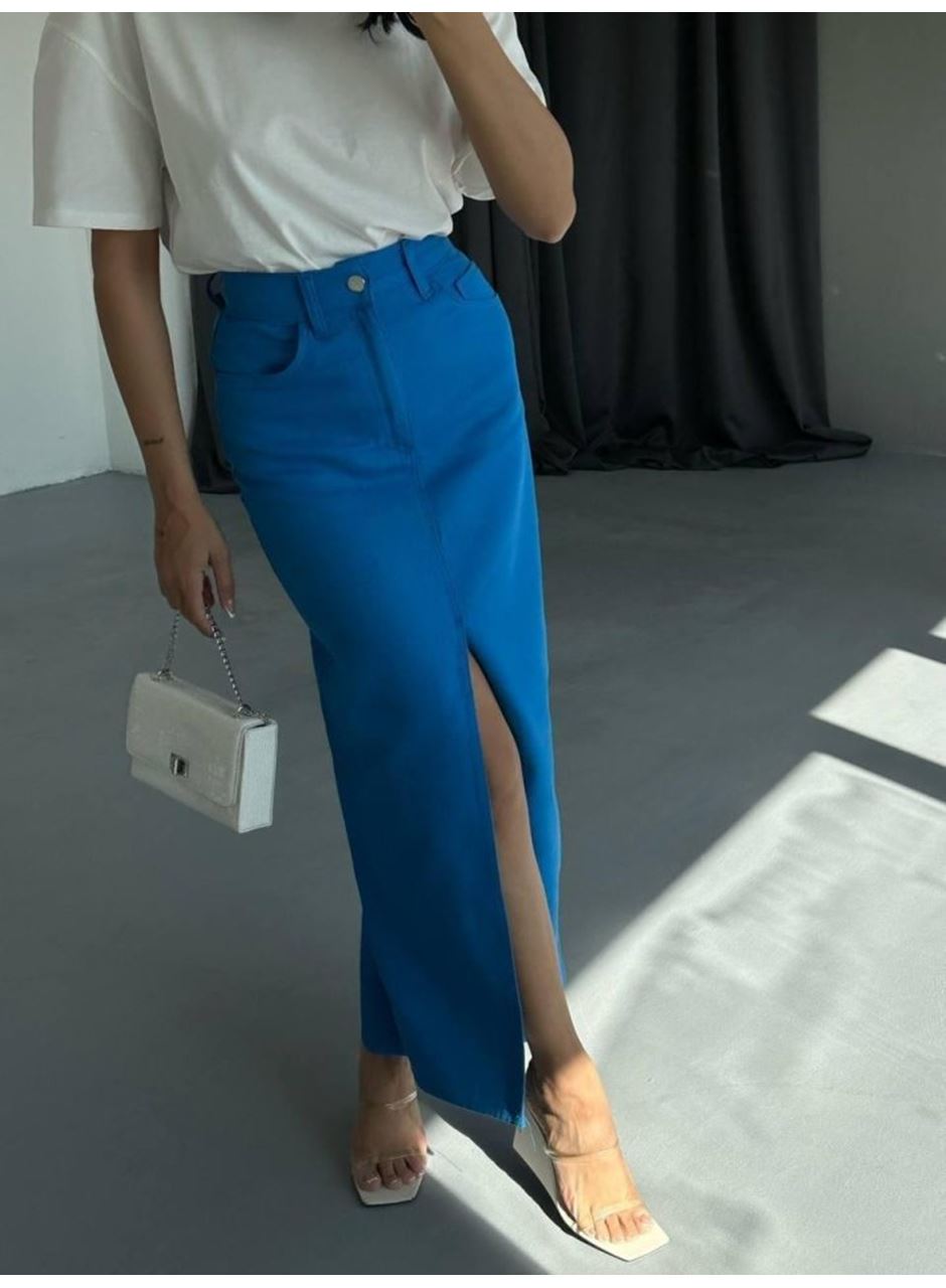 GABARDİN UZUN ÖNDEN YIRTMAÇLI ETEK - Saks