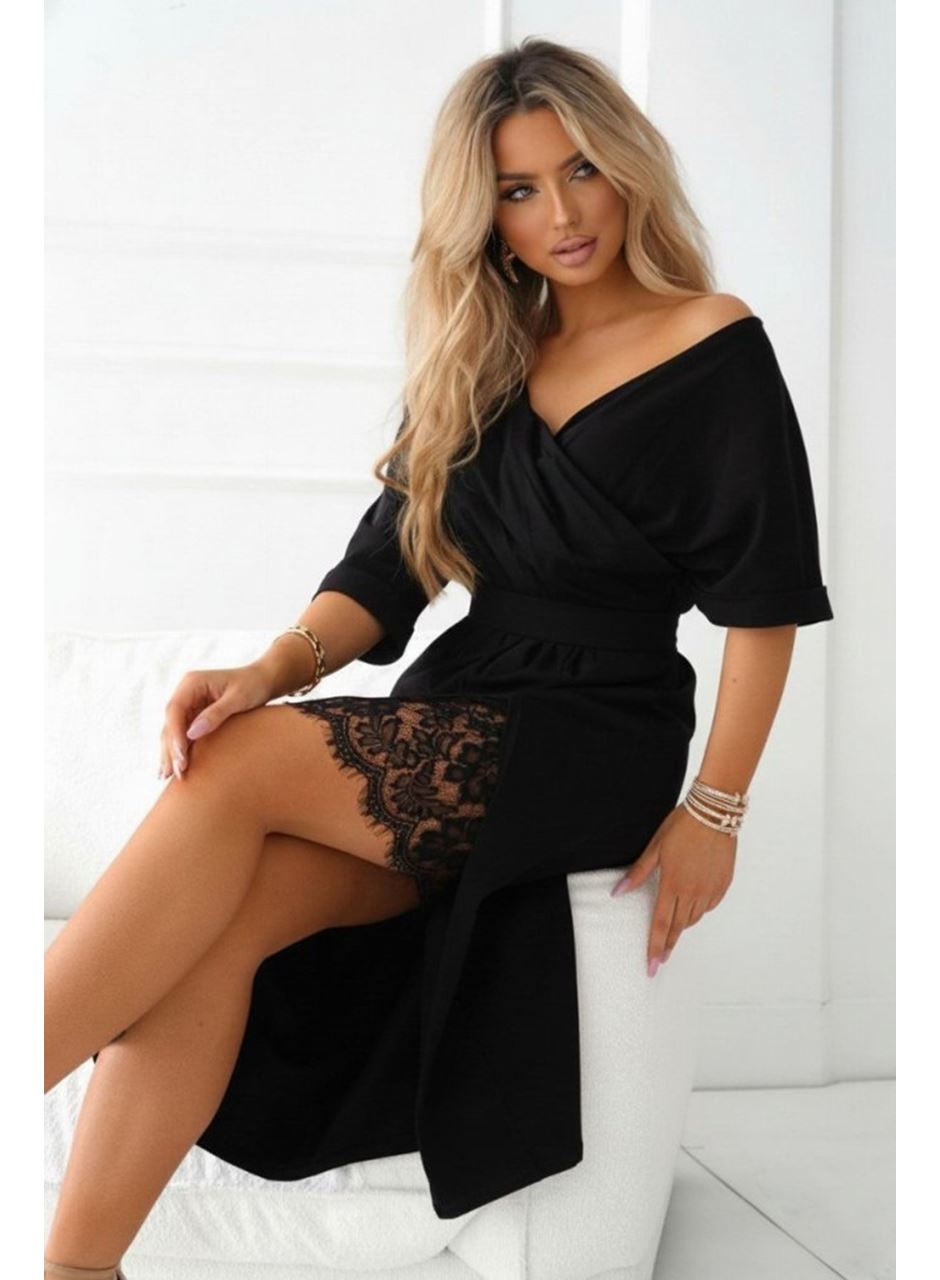 Kadın Uzun Kollu Kruvaze Yakalı Yandan Dantelli Midi Ithal Krep Elbise