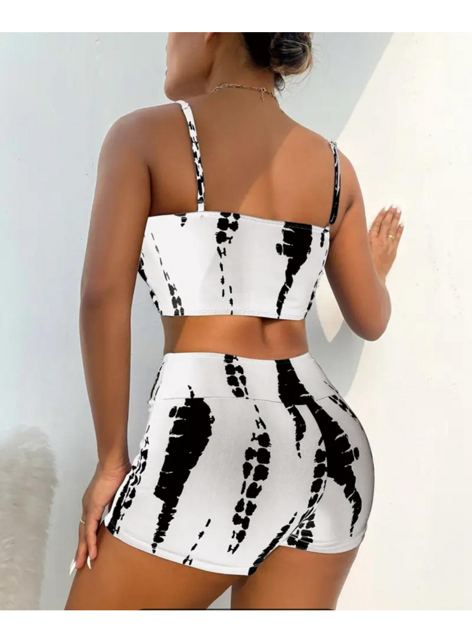 Kadın Büzgü Detay Askılı Crop Mini Tayt Ikili Takım