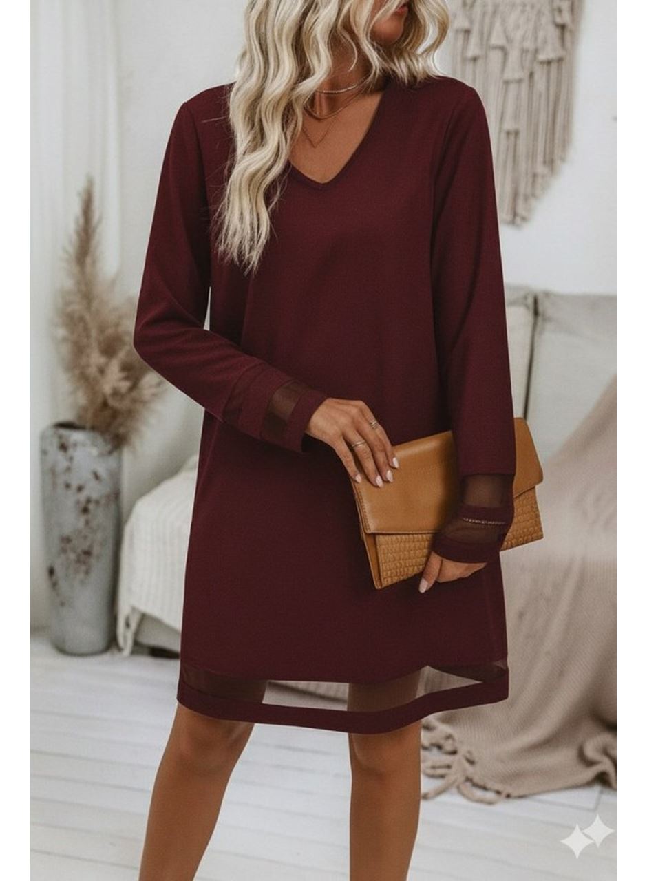 Kadın Uzun Kollu V Yakalı Tül şerit Detaylı Mini Krep Elbise