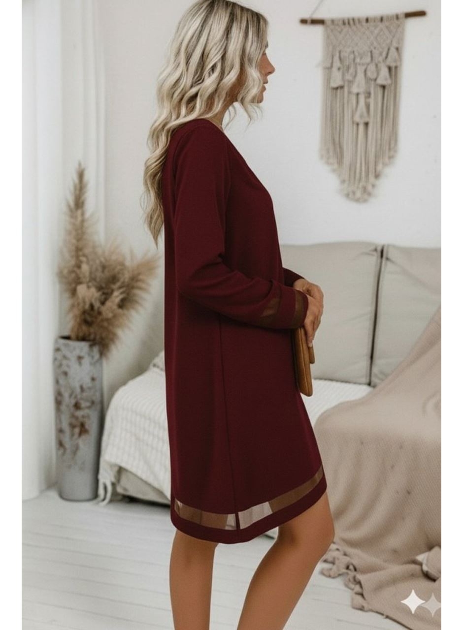 Kadın Uzun Kollu V Yakalı Tül şerit Detaylı Mini Krep Elbise