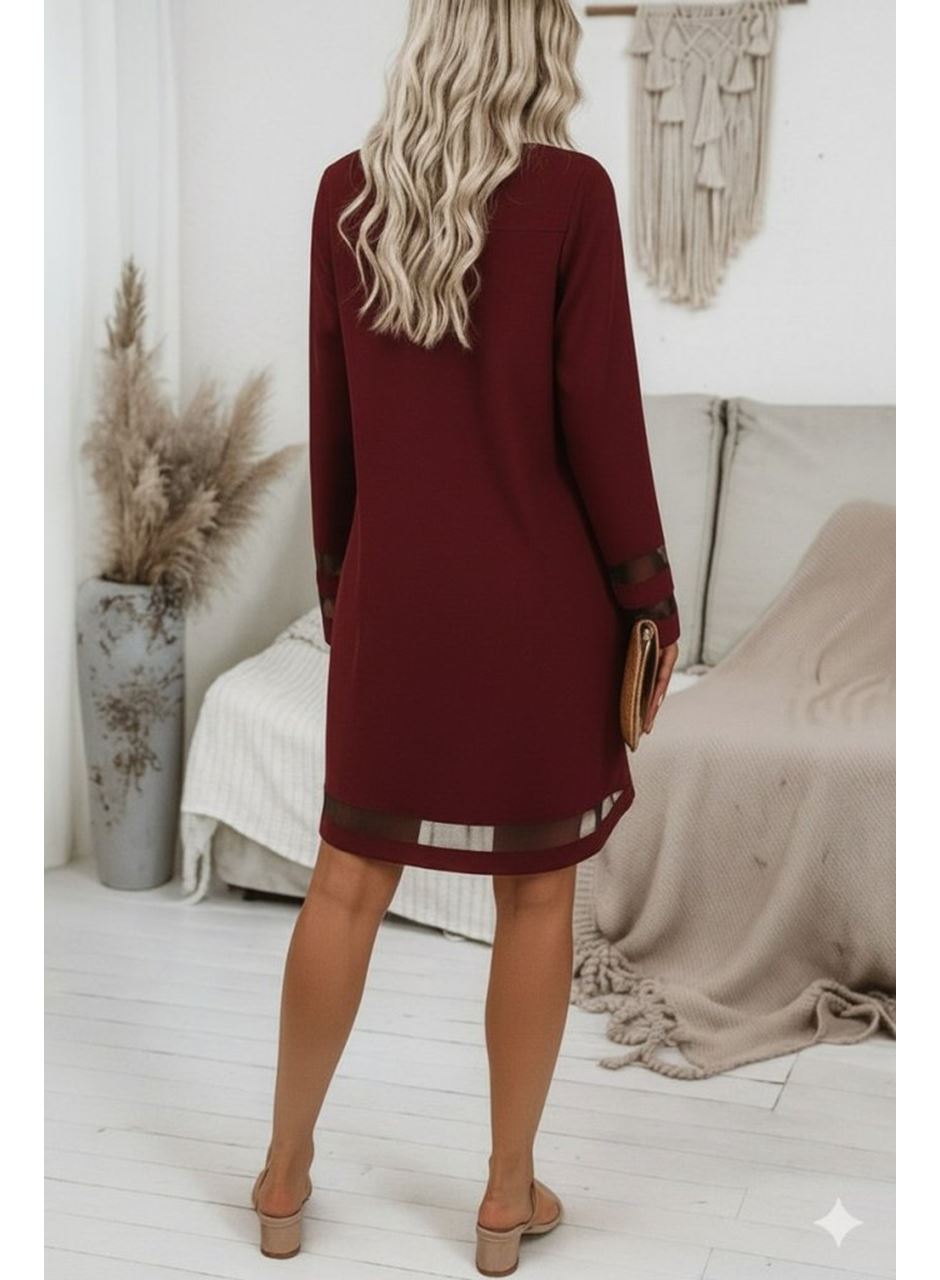 Kadın Uzun Kollu V Yakalı Tül şerit Detaylı Mini Krep Elbise