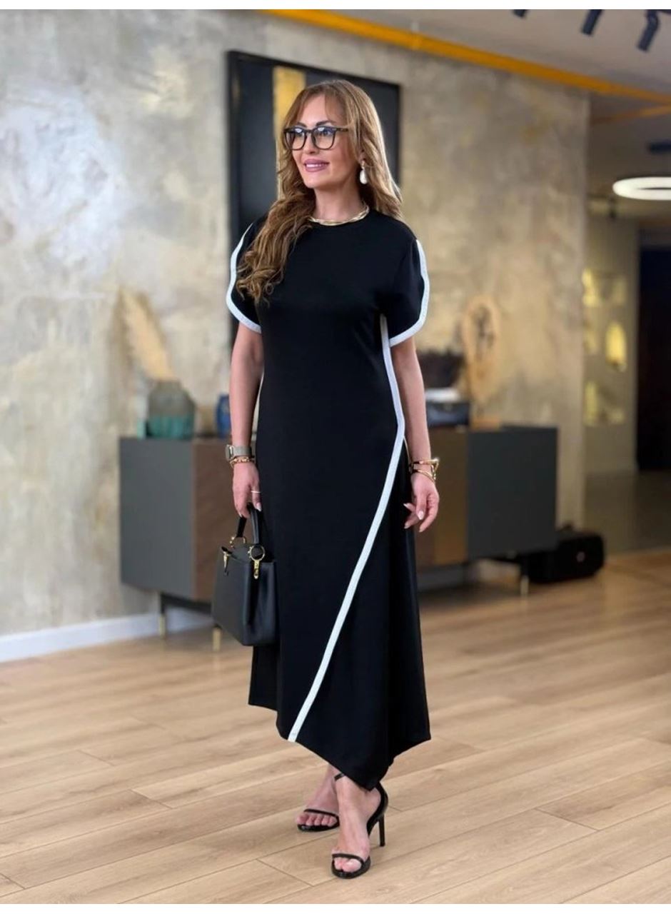 Kadın Kısa Kollu Bisiklet Yaka çift şerit Renk Detaylı Asimetrik Kesim Viskon Iki Iplik Elbise