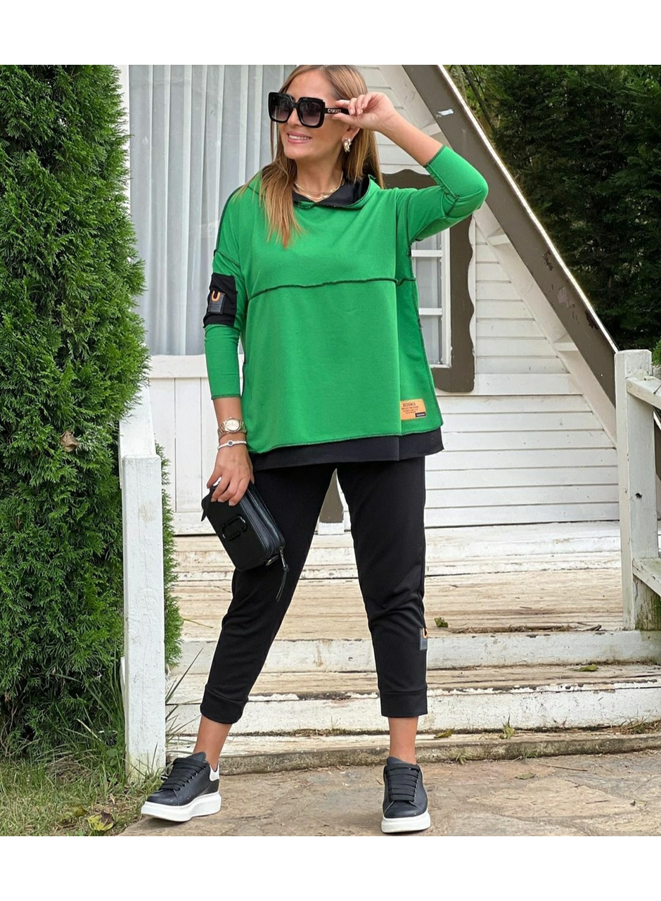 Kadın Yeşil Kapşonlu Etek Ucu Detay Arma Ters Dikiş Gorunumlu Ikili Takım