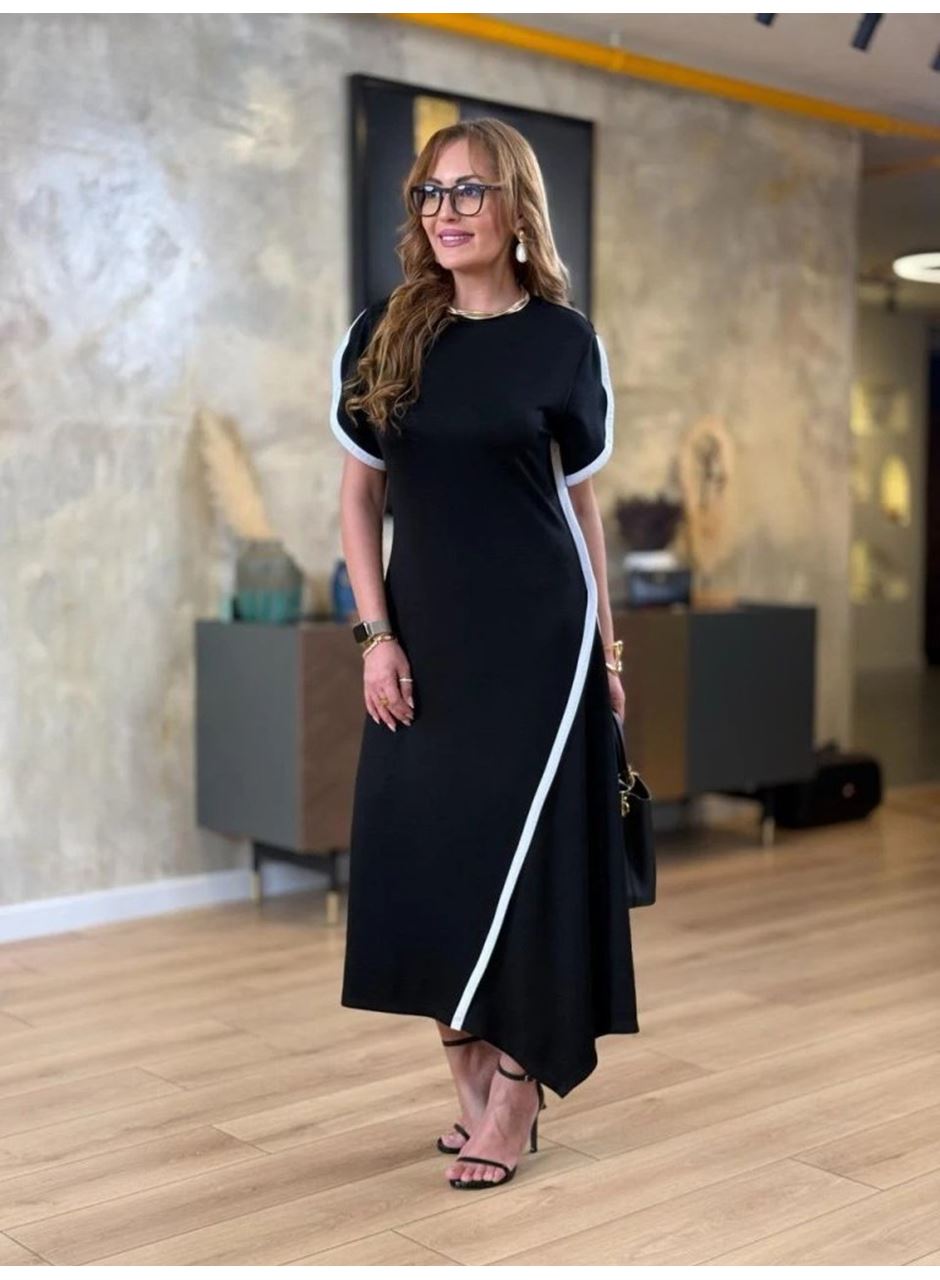 Kadın Kısa Kollu Bisiklet Yaka çift şerit Renk Detaylı Asimetrik Kesim Viskon Iki Iplik Elbise